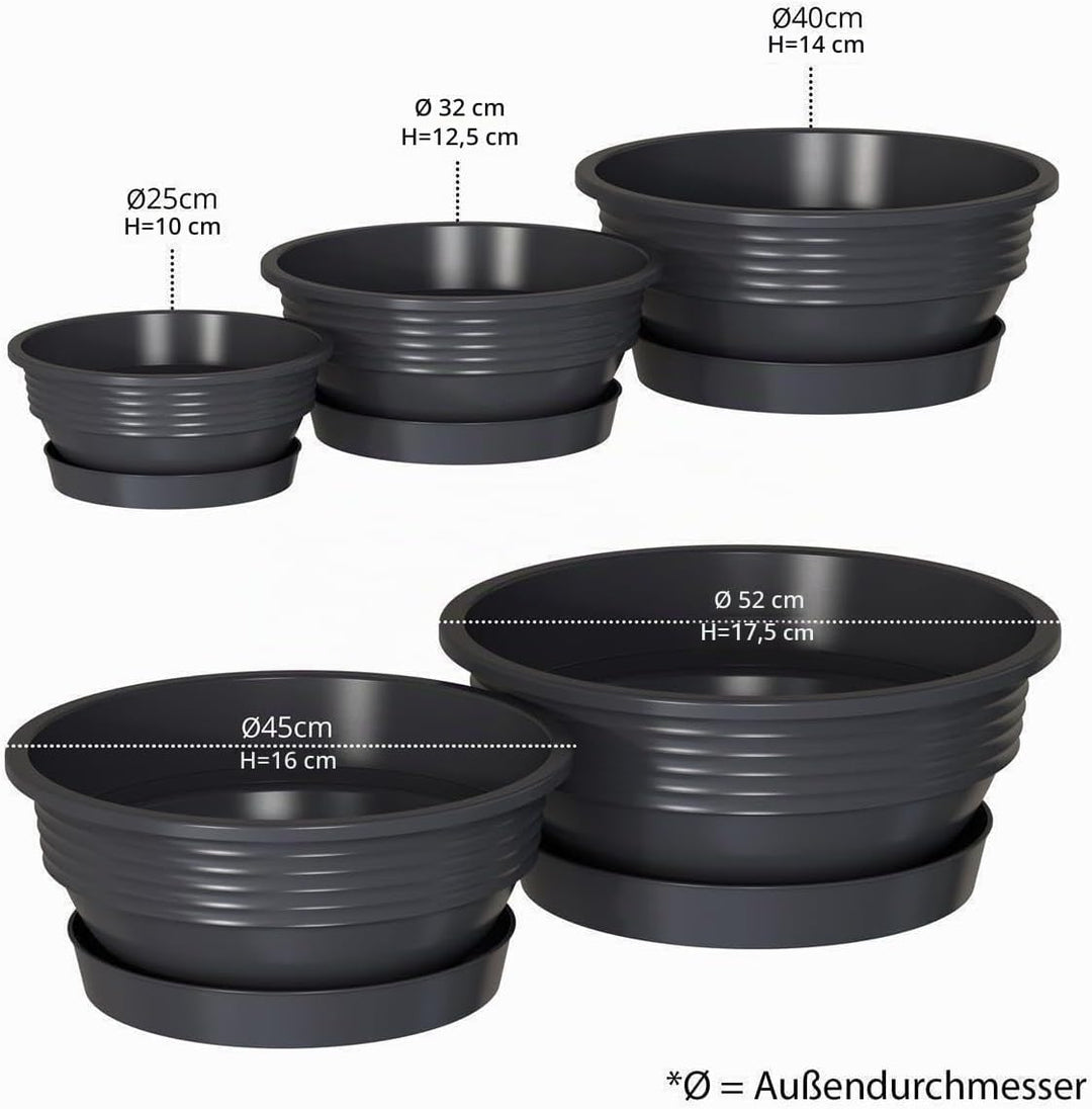 Pflanzschale mit Untersetzer im 5er Set in Anthrazit 40 cm Durchmesser grosse runde Blumenschalen au
