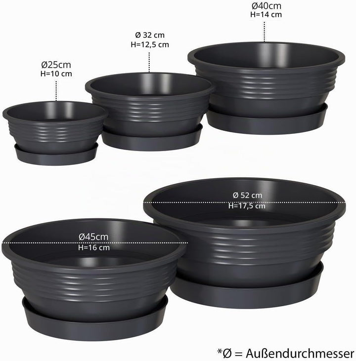 Pflanzschale mit Untersetzer im 5er Set in Anthrazit 40 cm Durchmesser grosse runde Blumenschalen au