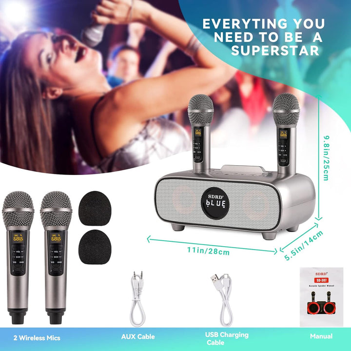 Karaoke Maschine,Bluetooth Karaoke Anlage für Erwachsene und Kinder, Tragbares PA-System mit 2 Mikro