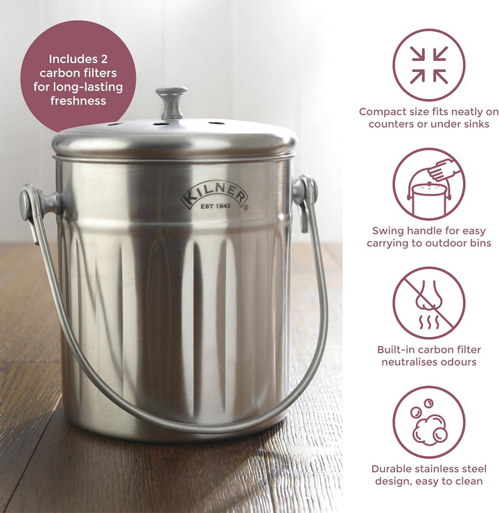 Kilner Küchen Komposter Edelstahl | 2 Liter Biomülleimer Küche | 17,5x14,5x20 cm | Deckel mit Luftlö