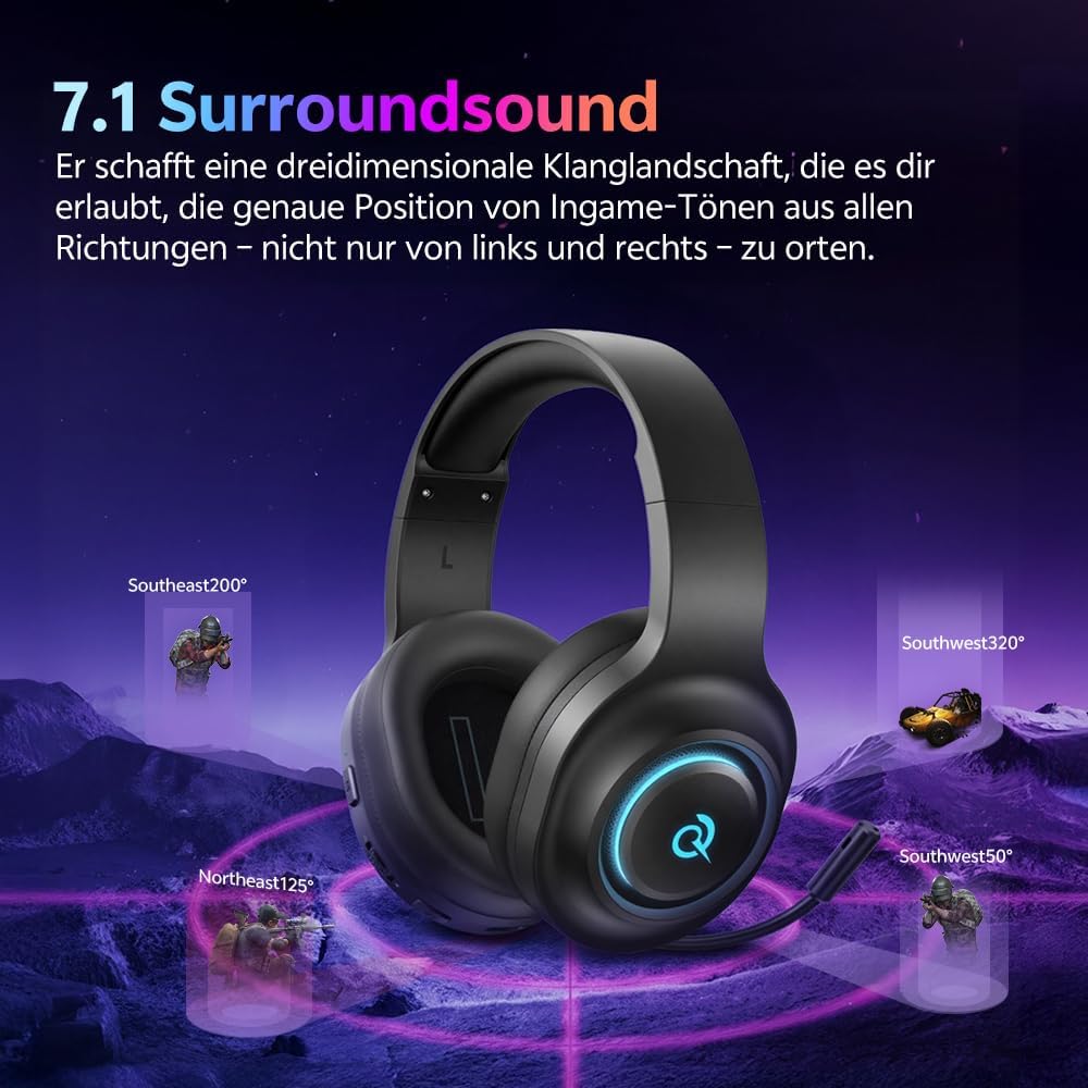 QCY HEROAD V200 Gaming Headset,2.4GHz Wireless Headset mit mikrofon für PS5,PS4,PC,Switch,Abnehmbare