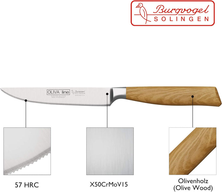 Burgvogel Solingen Steakmesser 12 cm geschmiedet Olivenholz, Oliva Line, Sägeschliff, rostfrei, hell
