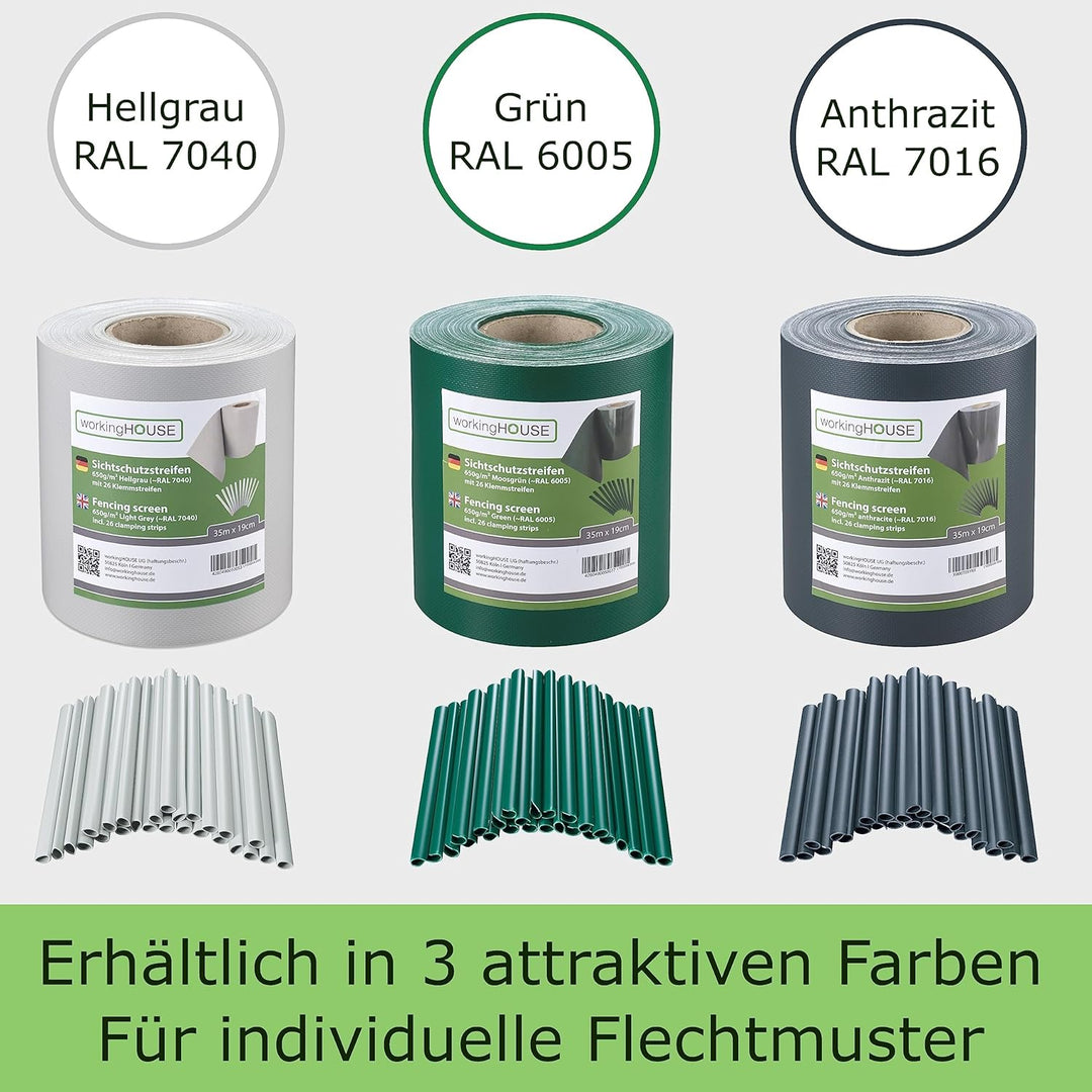 workingHOUSE Premium PVC Sichtschutzstreifen für Doppelstabmattenzaun - 650g/m² 35 m x 19 cm - Zauns
