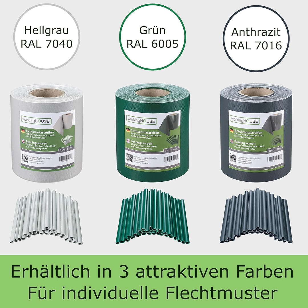 workingHOUSE Premium PVC Sichtschutzstreifen für Doppelstabmattenzaun - 650g/m² 35 m x 19 cm - Zauns
