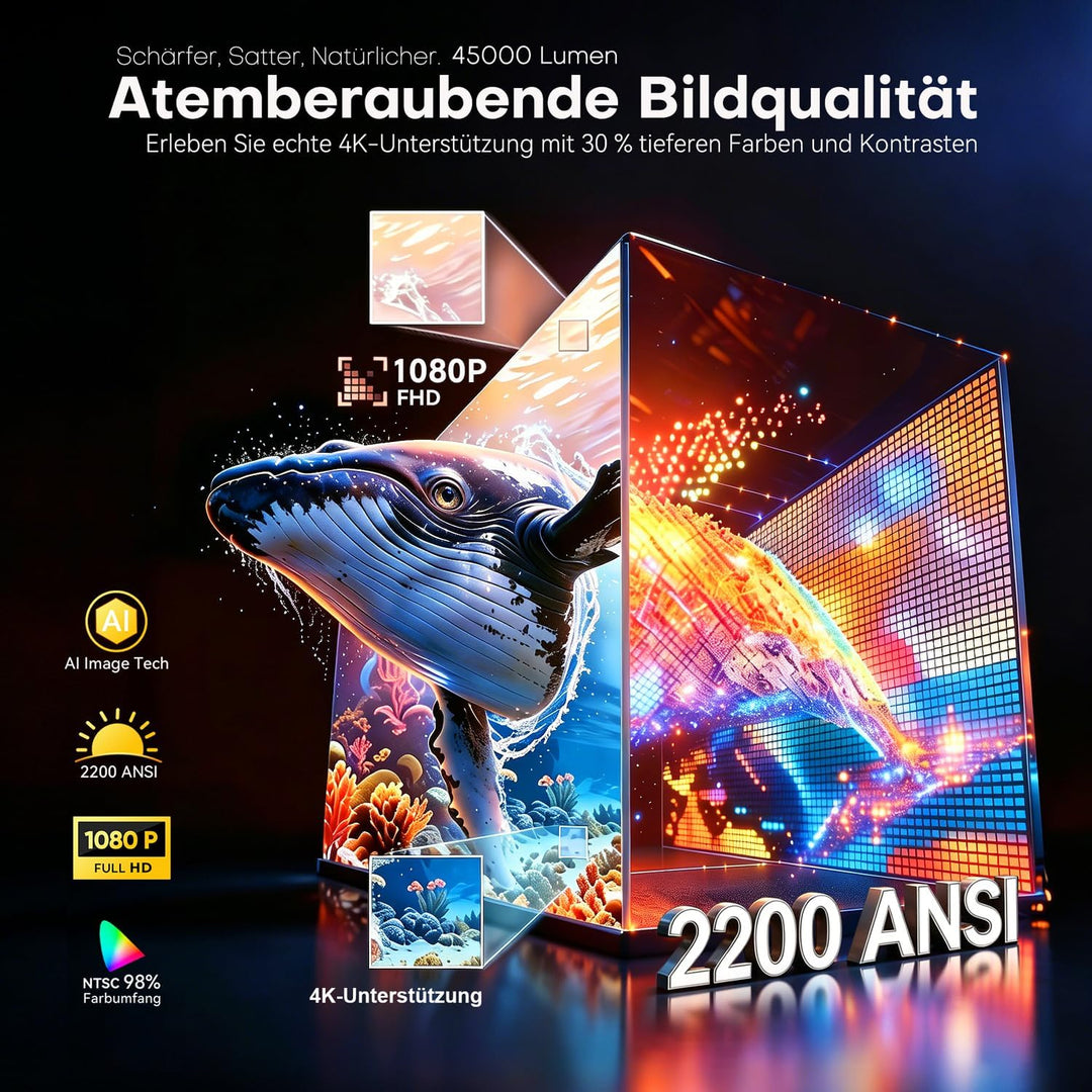Beamer mit Google TV 14.0 Unterstützt 4K Autofokus 2200 ANSI 360°-Drehung | Google Sprachsteuerung,
