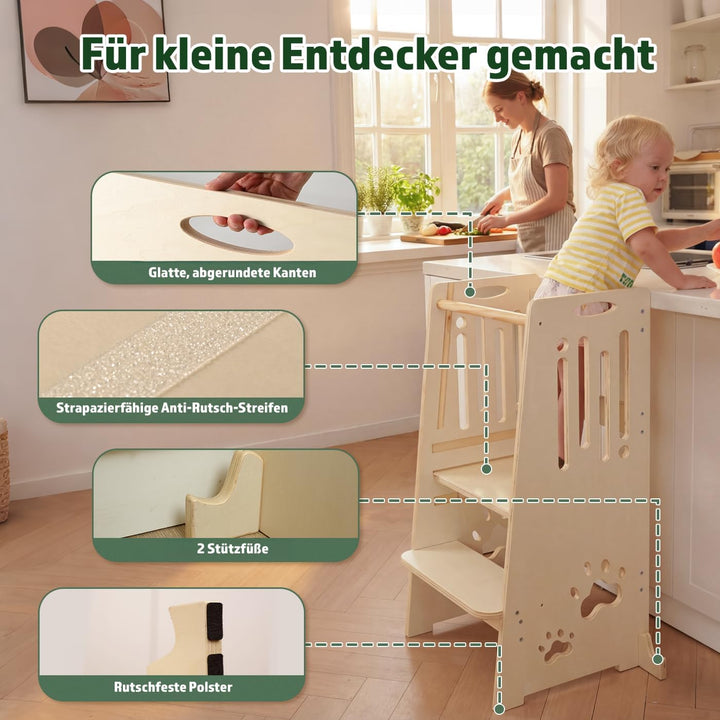 Kleinkind Tritthocker Kinderhocker, Toddler Tower & Lernhocker mit Sicherheitsbarriere, Kippschutz u