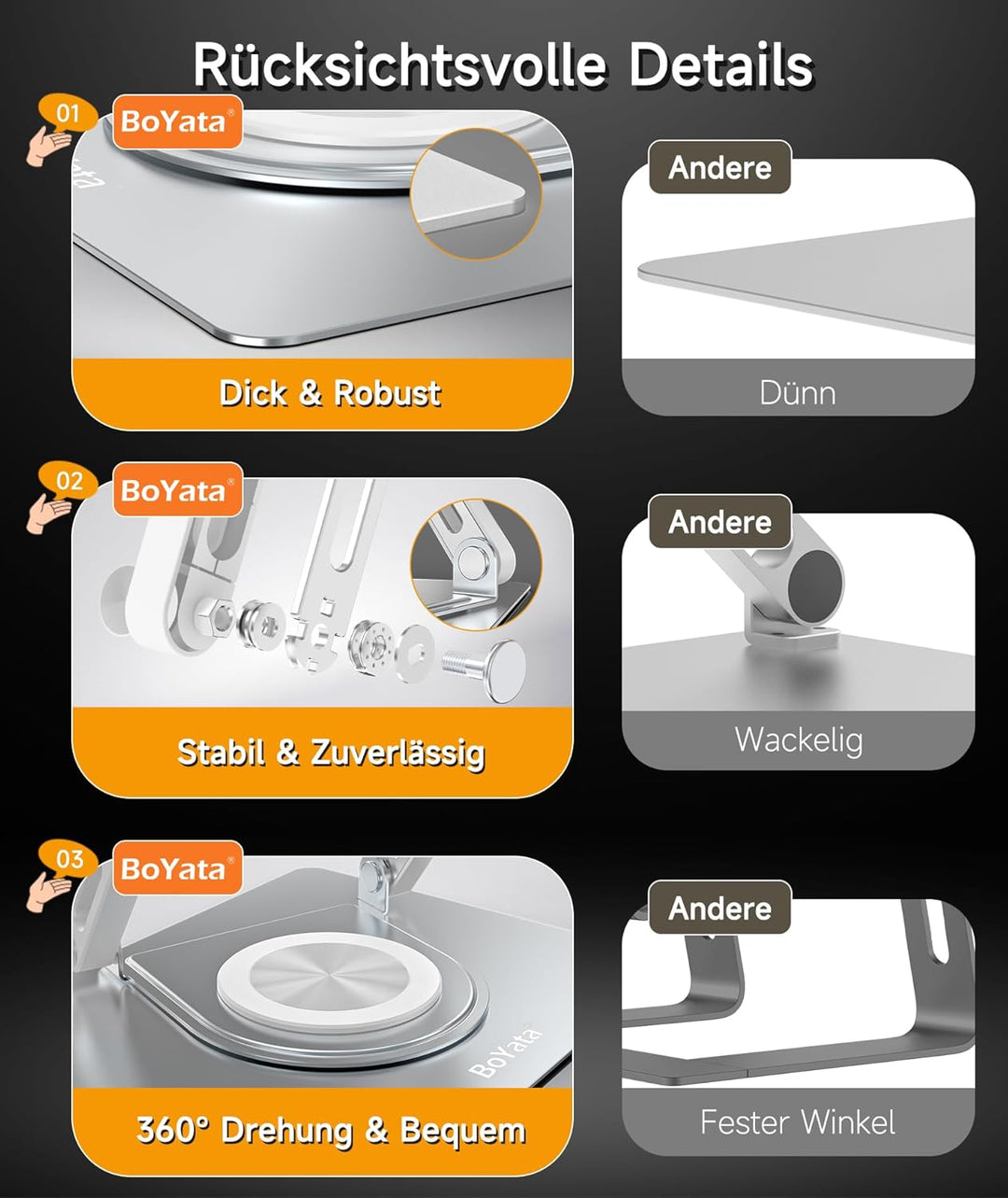 BoYata Laptopständer für Schreibtisch mit 360° Drehbarer Basis, Ergonomisch Verstellbarer Laptop Ris