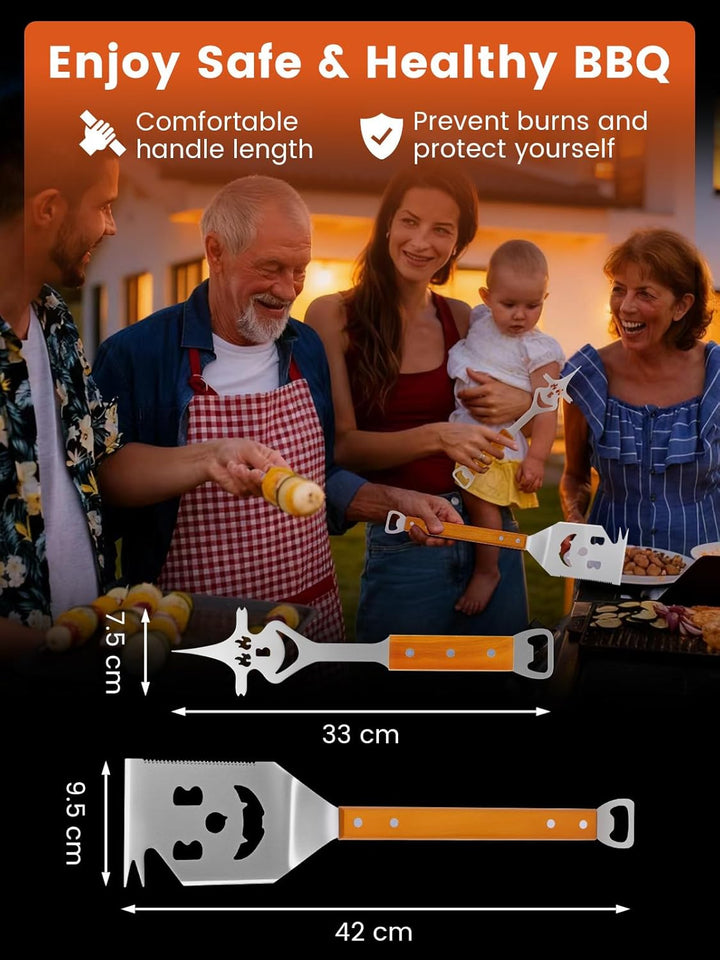 Landrip 2 Stück Grillspachtel für Barbecue, 8 in 1 Grillbesteck mit Holzgriff, EdelstahI, Multifunkt