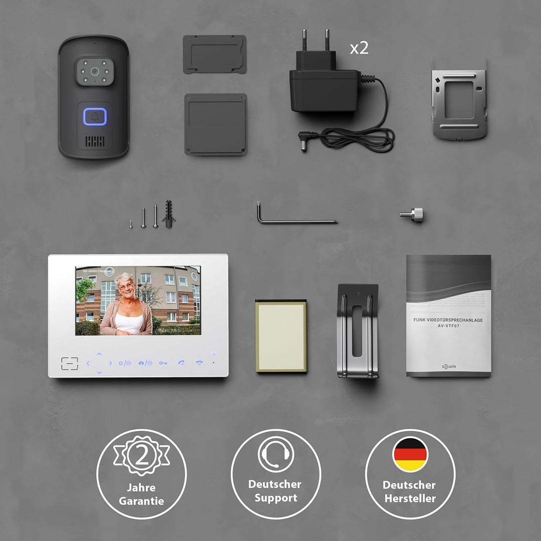 Goliath Funk Klingel Kabellos mit Kamera und 7" Monitor, Gegensprechanlage mit Türöffner Anschlussfu