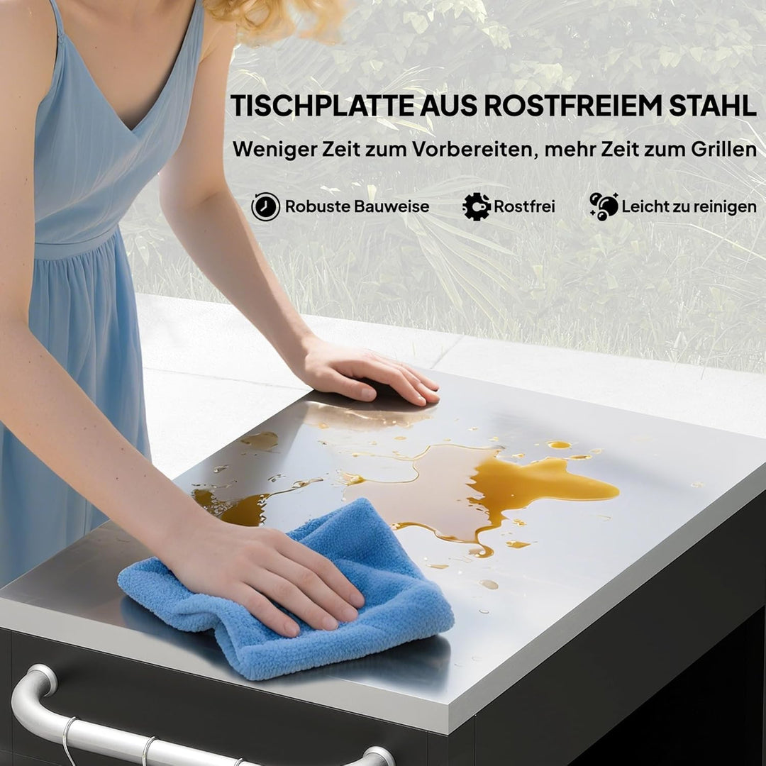 HOMCOM Küchenwagen mit Rollen, Servierwagen, Küchentrolley mit Schrank, Haken und Edelstahlgriffe, R
