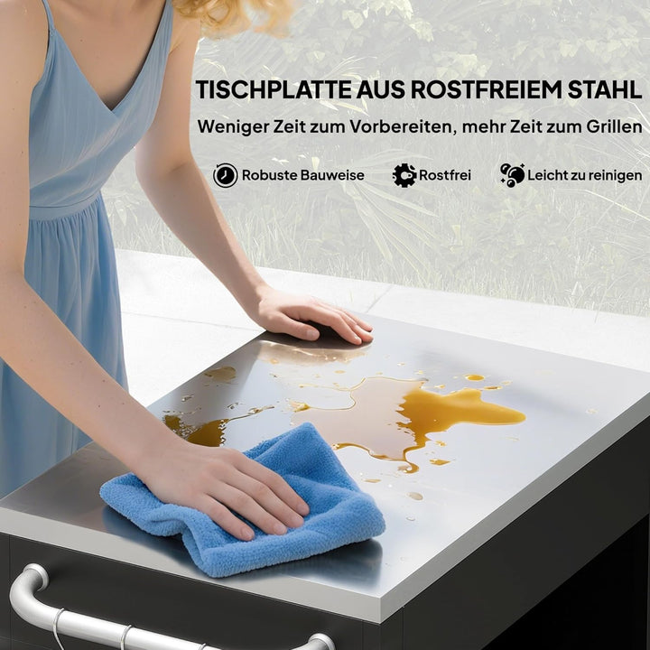 HOMCOM Küchenwagen mit Rollen, Servierwagen, Küchentrolley mit Schrank, Haken und Edelstahlgriffe, R