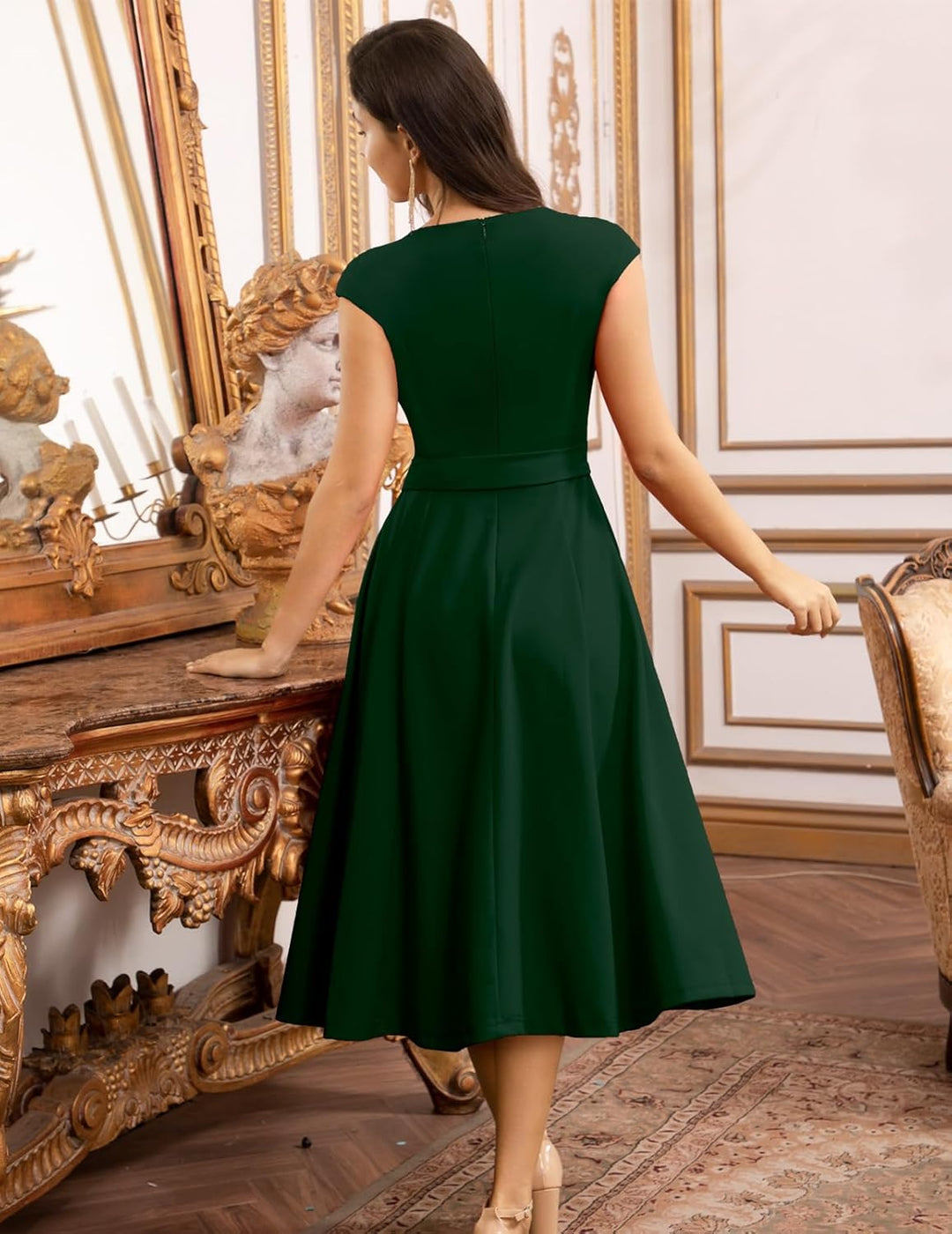 DRESSTELLS Damen Vintage Retro 1950er Cocktaikleid A-Line Swing Festlich Midilang Kleid Darkgreen S,