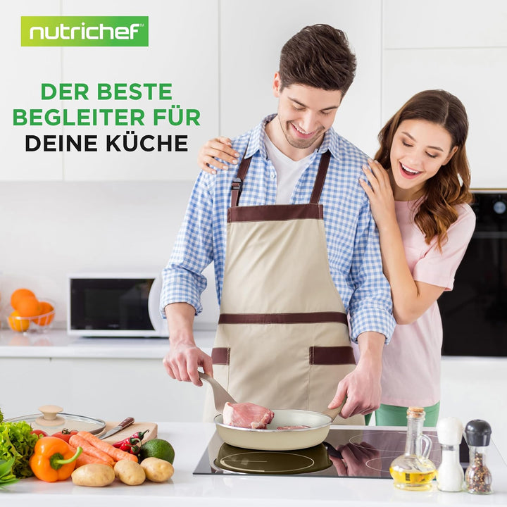 NutriChef Kochgeschirr Set 54-tlg – Pfannen, Töpfe, Küchenhelfer Taupebraun– Mit Messer, Backformen,