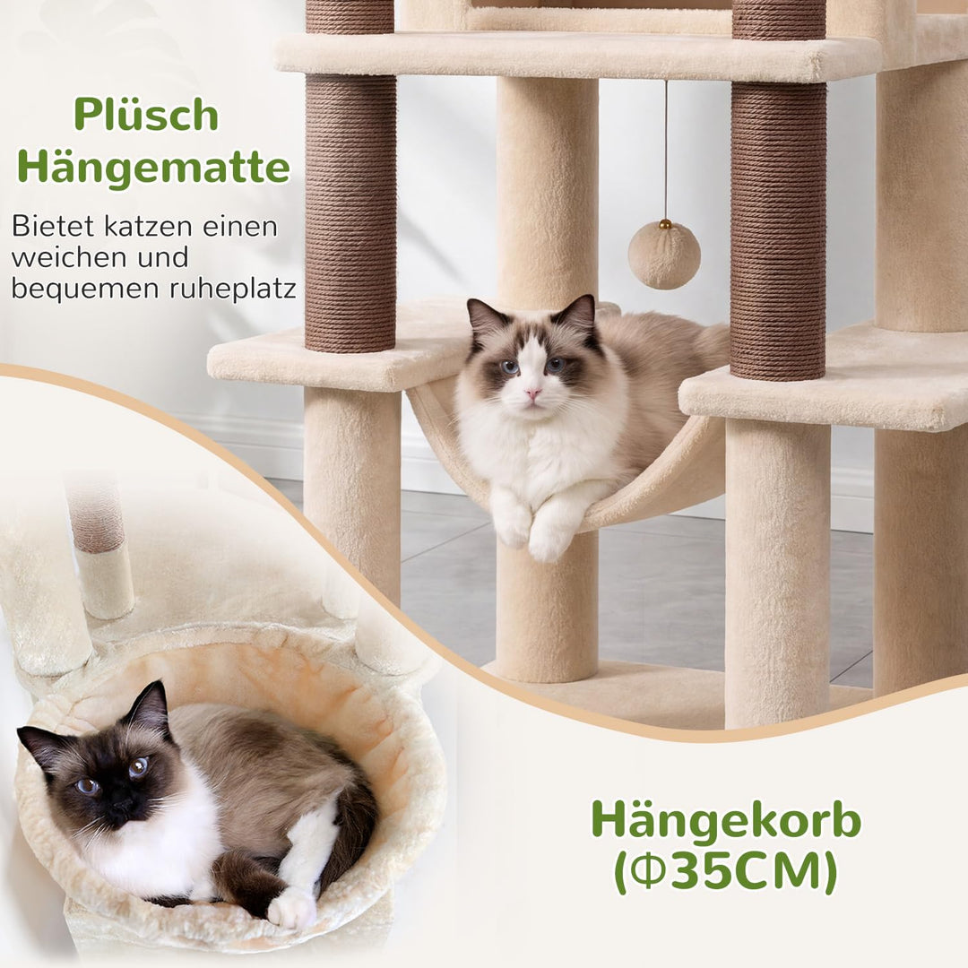 Globlazer Kratzbaum Stabil Beige mit Grosse Loungebereich für 2/3 Katzen S56 | Katzenbaum 143cm Plat