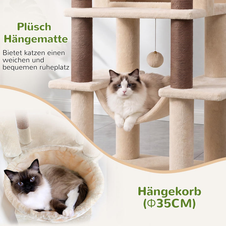 Globlazer Kratzbaum Stabil Beige mit Grosse Loungebereich für 2/3 Katzen S56 | Katzenbaum 143cm Plat