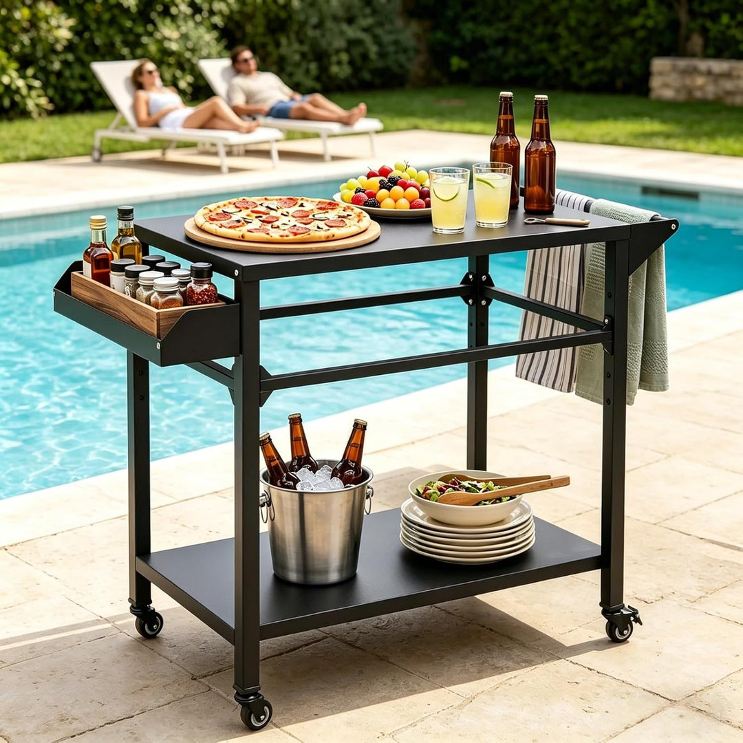 KOMFOTTEU Grillwagen mit 2 Ebenen, Gartenwagen mit Handtuchhalter &amp; Gewürzregal, Servierwagen für de