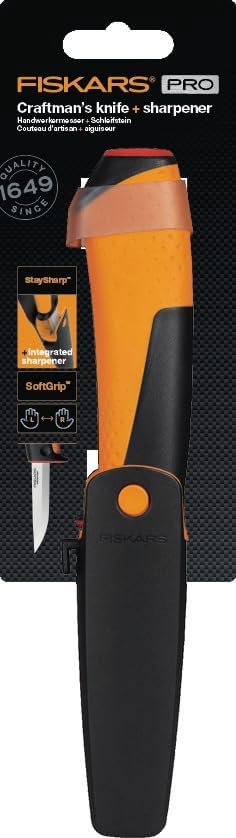 Fiskars Handwerkermesser inklusive Holster mit integriertem Messerschärfer, Gesamtlänge: 20,9 cm, Sc