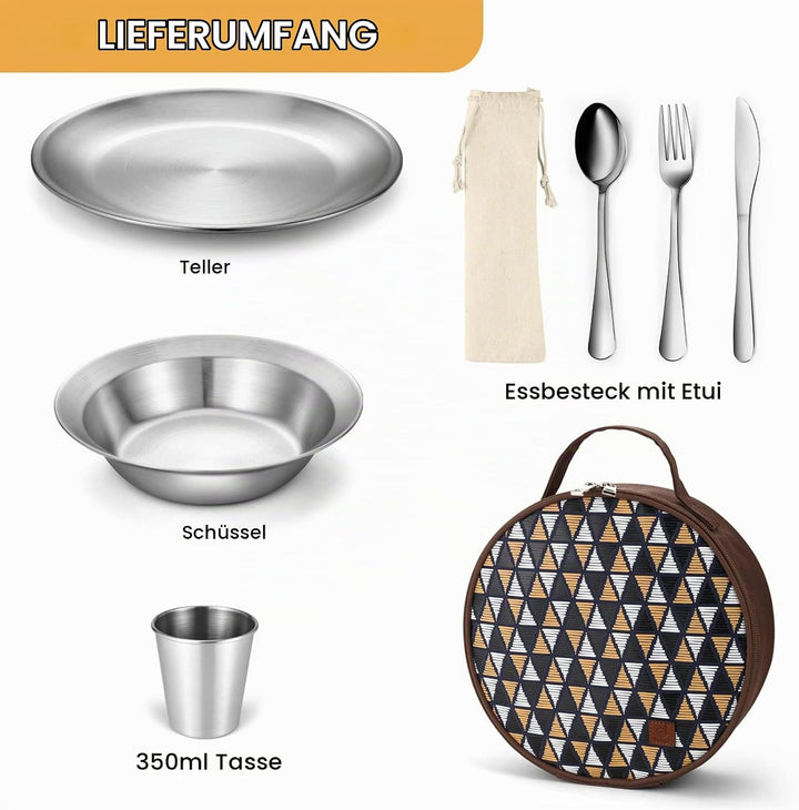 Odoland Campingbesteck Set Geschirrset 7 PCS aus Edelstahl Tafelservice mit Etui Messer Gabel Löffel