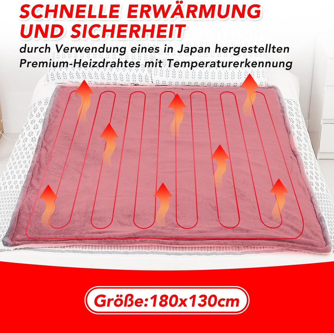 Heizdecke mit Abschaltautomatik, 130x180cm 10 Heizstufen 1~9 Stunden Auto-Off-Timer Überhitzungsschu