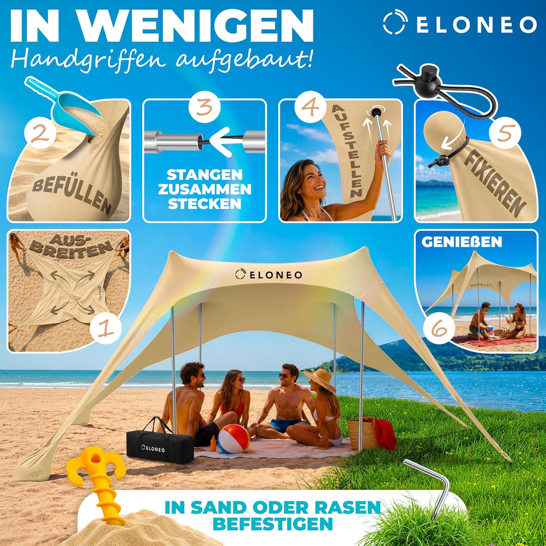 ELONEO Strandzelt, Sonnensegel Strand 228x214x200 cm, LSF 50+, Sonnenschutz für Strand mit Sandschau