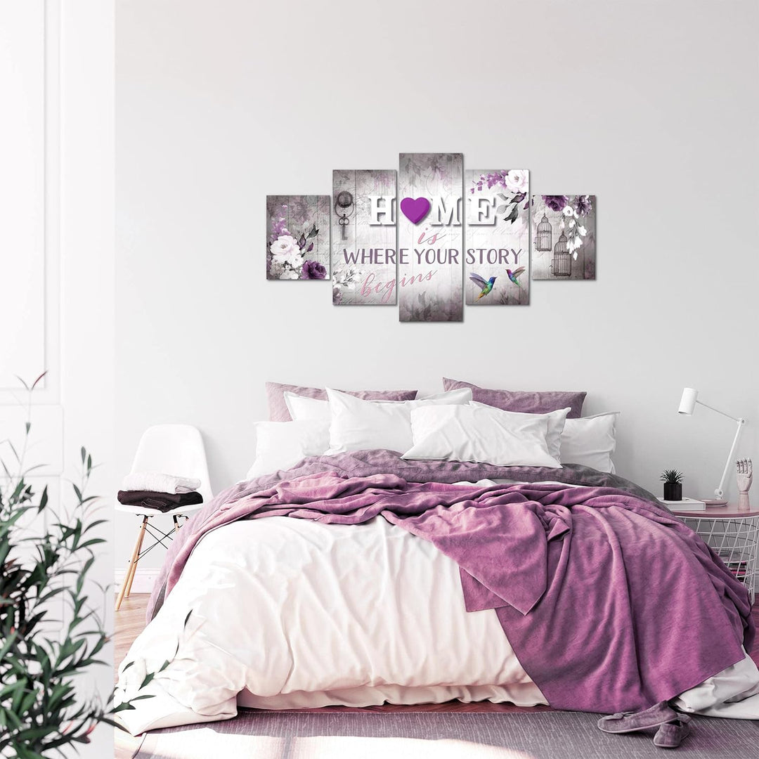 Runa Art Bild Wohnzimmer Home 5 Teilig Vintage Grau Lila Wandbilder auf Vlies Leinwand 037653b