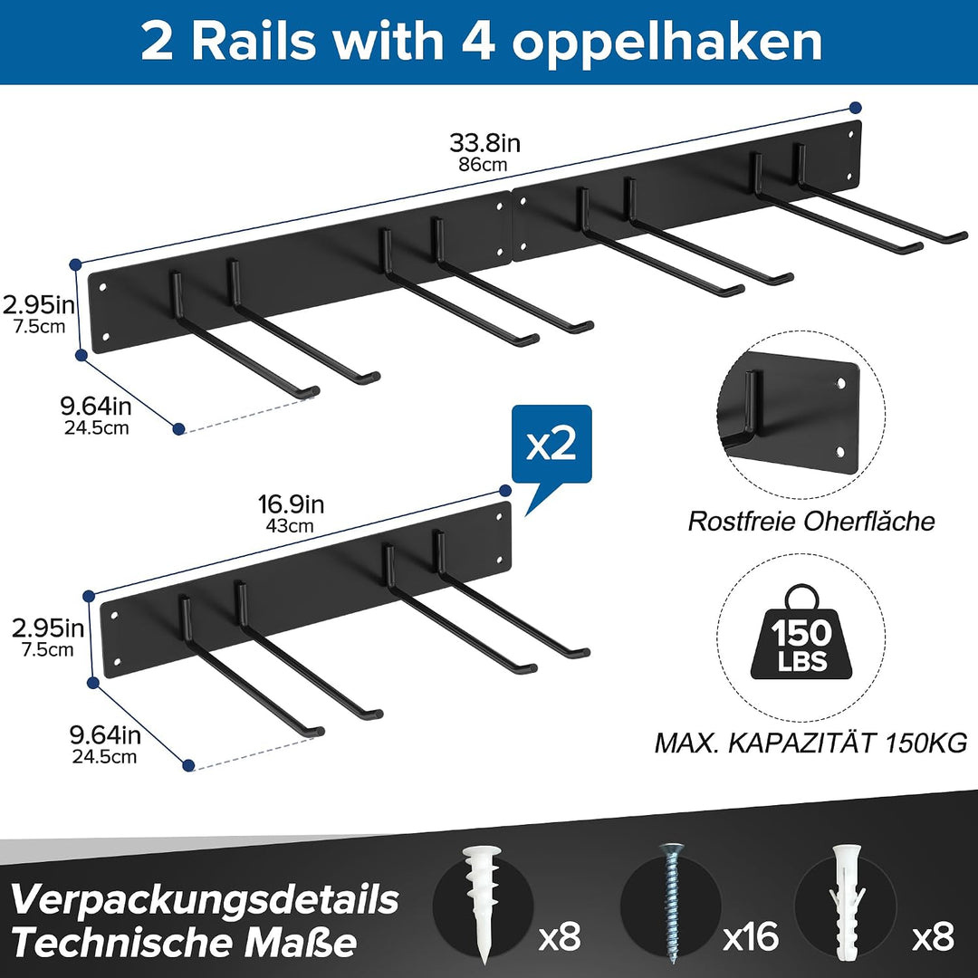 Urban Deco Metall-Gartengerätehalter, Gerätehalter Wandhalterung 150kg Tragkraft mit 4 Doppelhaken &amp;