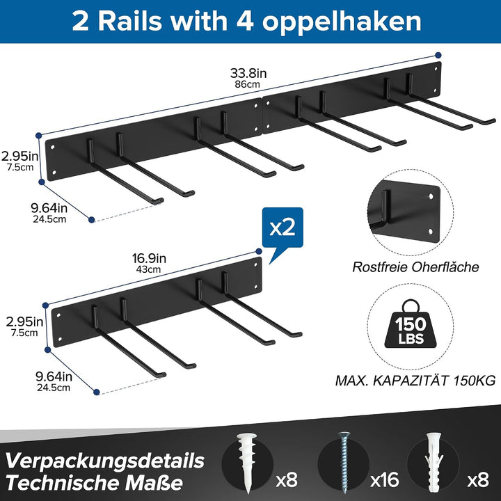 Urban Deco Metall-Gartengerätehalter, Gerätehalter Wandhalterung 150kg Tragkraft mit 4 Doppelhaken &amp;