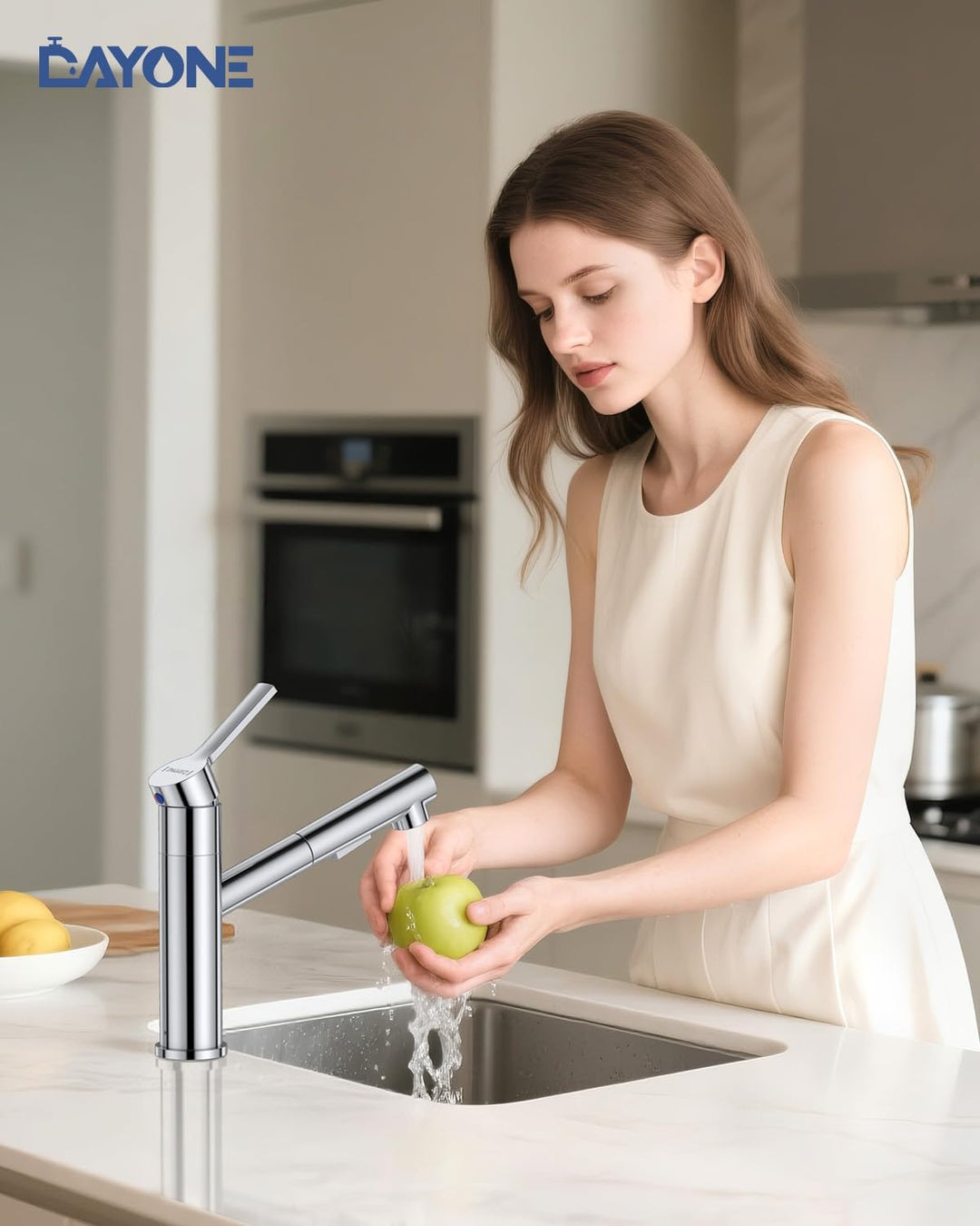 DAYONE Chrom Wasserhahn Küche, SUS304 Edelstahl Küchenarmatur mit Ausziehbarer Brause, 2 Strahlarten