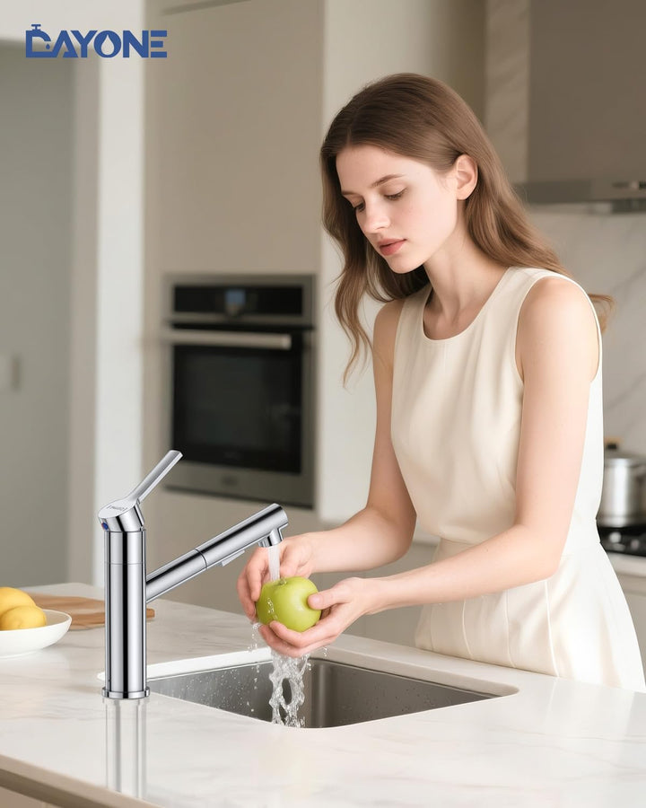 DAYONE Chrom Wasserhahn Küche, SUS304 Edelstahl Küchenarmatur mit Ausziehbarer Brause, 2 Strahlarten