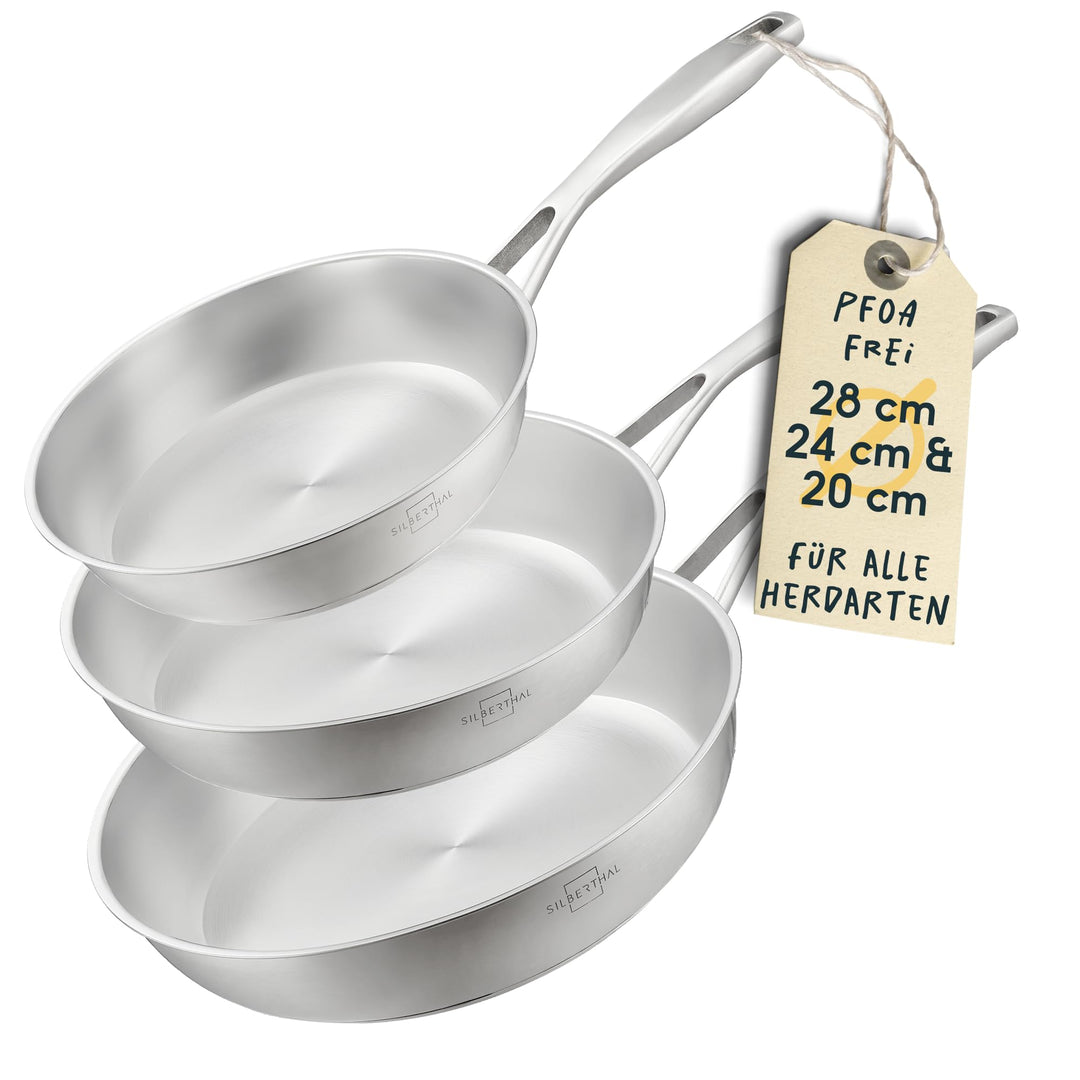 SILBERTHAL Pfannen Set 3 teilig - Edelstahlpfanne Unbeschichtet - 20, 24 und 28 cm - Induktionsgeeig
