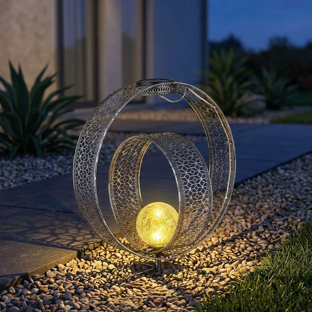 Solarleuchte mit Metallstanzungen und Glaskugel, Silber Höhe 42cm