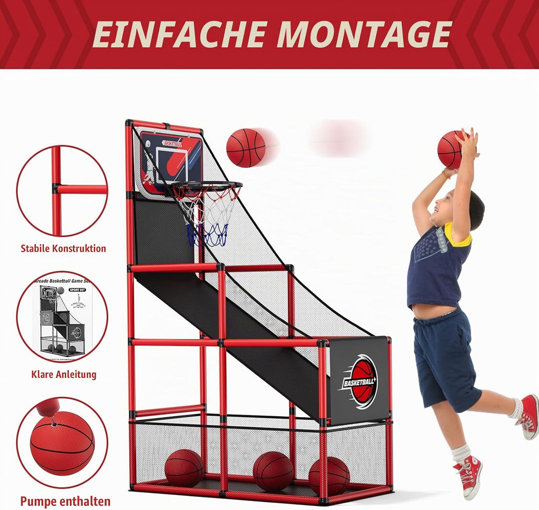HYES Basketball Arcade Spiel, Kinder Basketballständer mit 4 Bällen, Single Shot Basketballkorb Indo