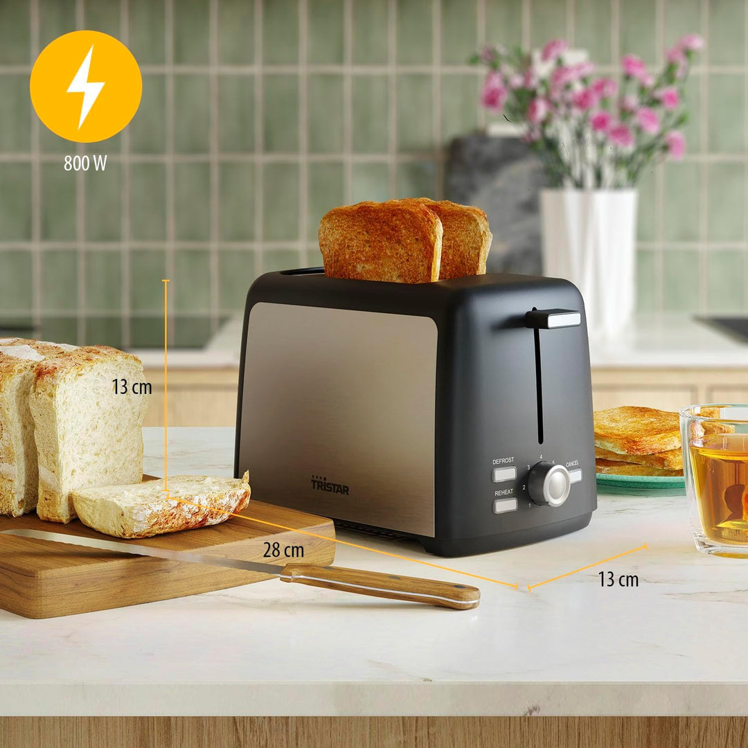 Tristar Edelstahlstahl-Toaster, 2 Scheiben Kapazität, 800W, 7 Bräunungsstufen, Auftauen- und Aufwärm
