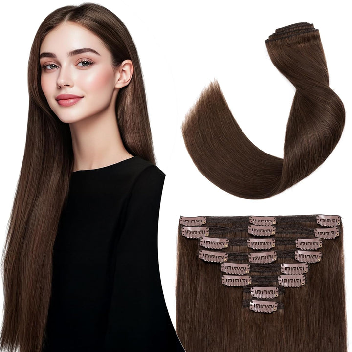 Elailite Extensions Echthaar Clip in 8 Tressen Voller Kopf #4 Mittel braun Haarverlängerung Real Hum