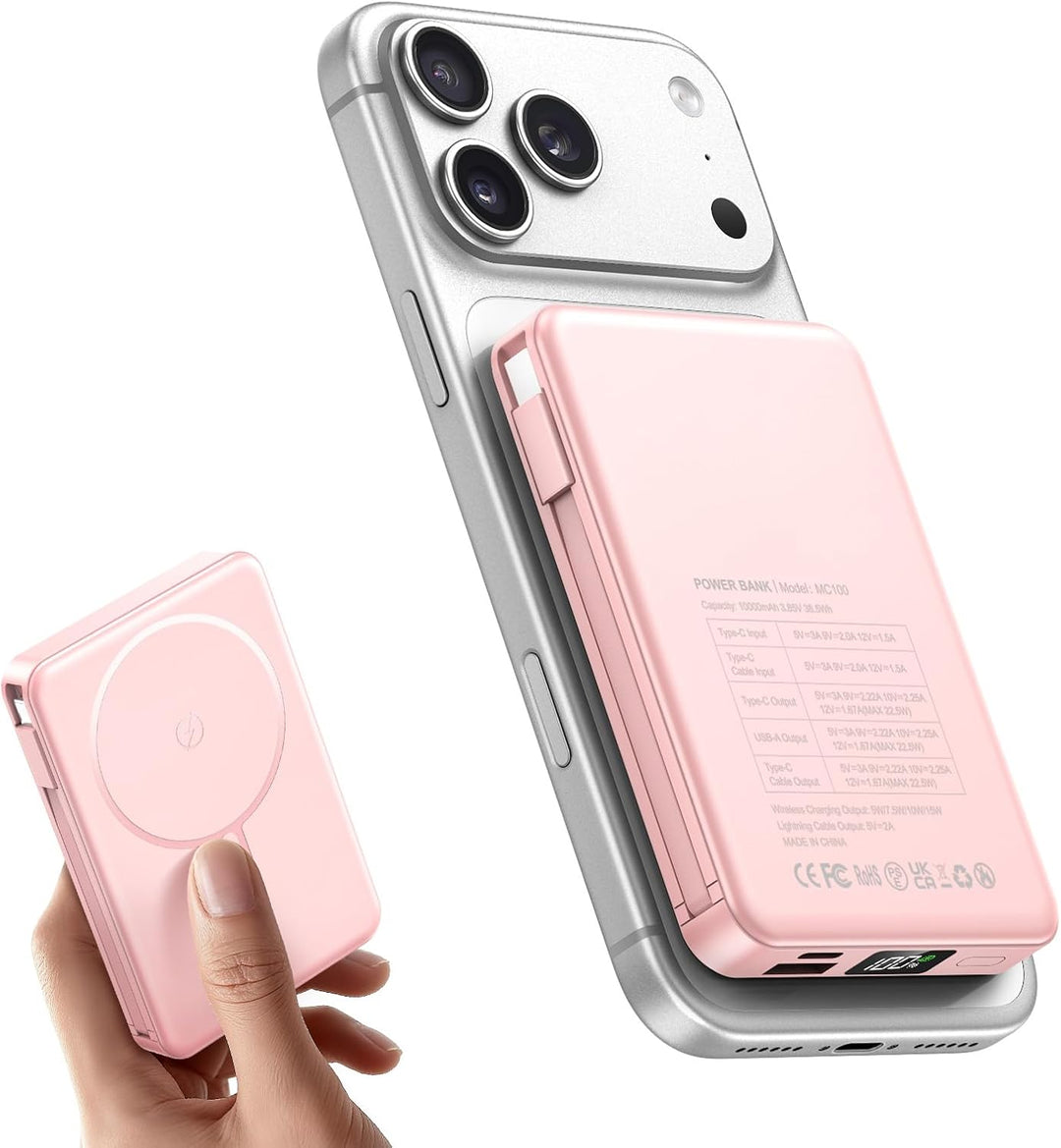 Magsaf Power Bank 10000mAh, Wireless Magnetische Powerbank Schnelles Laden mit LED-Display Mini powe