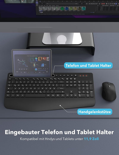 Tastatur Maus Set Kabellos, Ergonomische Tastatur in Voller Grösse mit Handgelenkauflage, Telefonhal