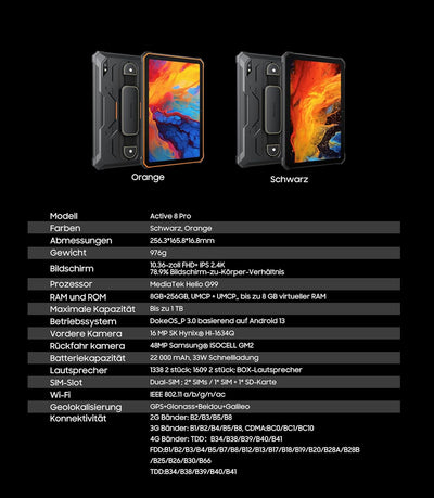 Blackview - Active 8 Pro - Wasserdichtes, stossfestes Tablet - Android 13-256 GB ROM / 8 GB RAM - 22