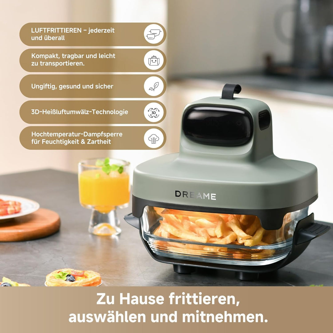 dreame Tasti AirFryer 5-in-1 tragbare Glas-Heissluftfritteuse, Zwei-Behälter-Setup (2,5 L + 4,5 L),