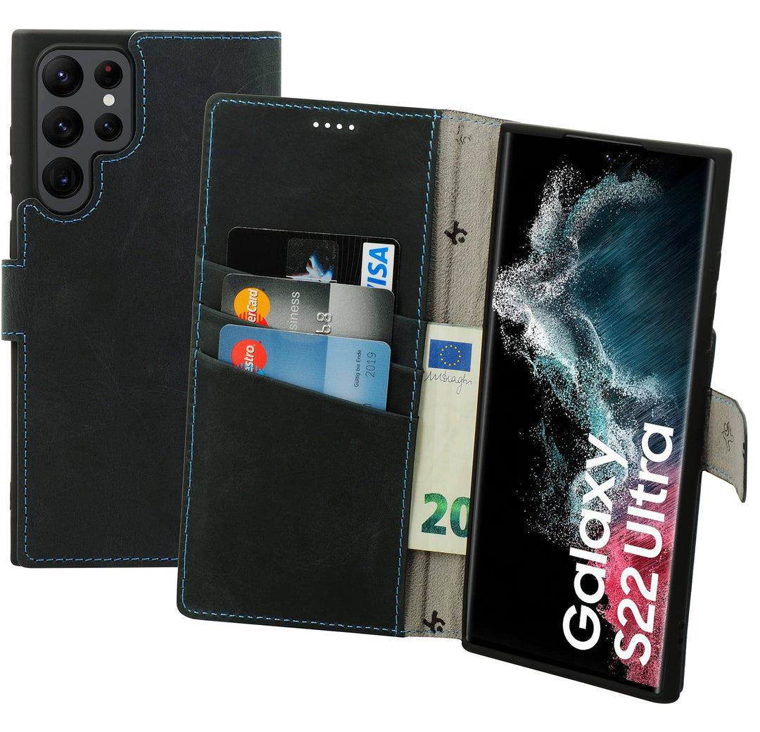 Suncase Book-Style Hülle kompatibel mit Samsung Galaxy S22 Ultra 5G Leder Tasche (Slim-Fit) Lederhül