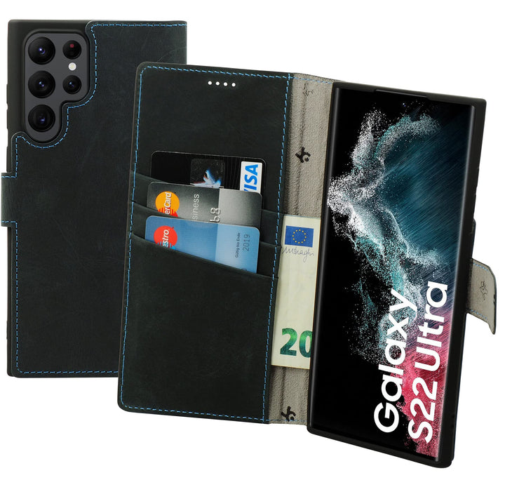 Suncase Book-Style Hülle kompatibel mit Samsung Galaxy S22 Ultra 5G Leder Tasche (Slim-Fit) Lederhül