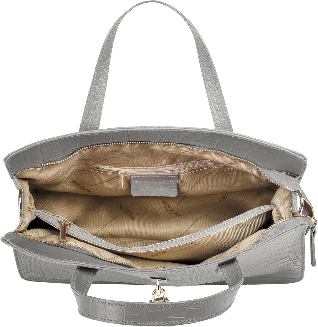 Handtasche Echt Leder Damen | Made in Italy, Smartphonefach, Kroko-Design, elegante Umhängetasche, D