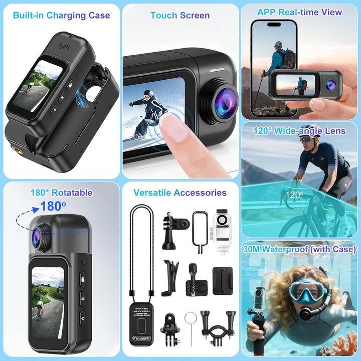 7JI Körperkameras 4K 180°Drehbar mit Ladekoffer,2400mAh Pocket Action Kamera,30m/98ft Wasserdicht,1.