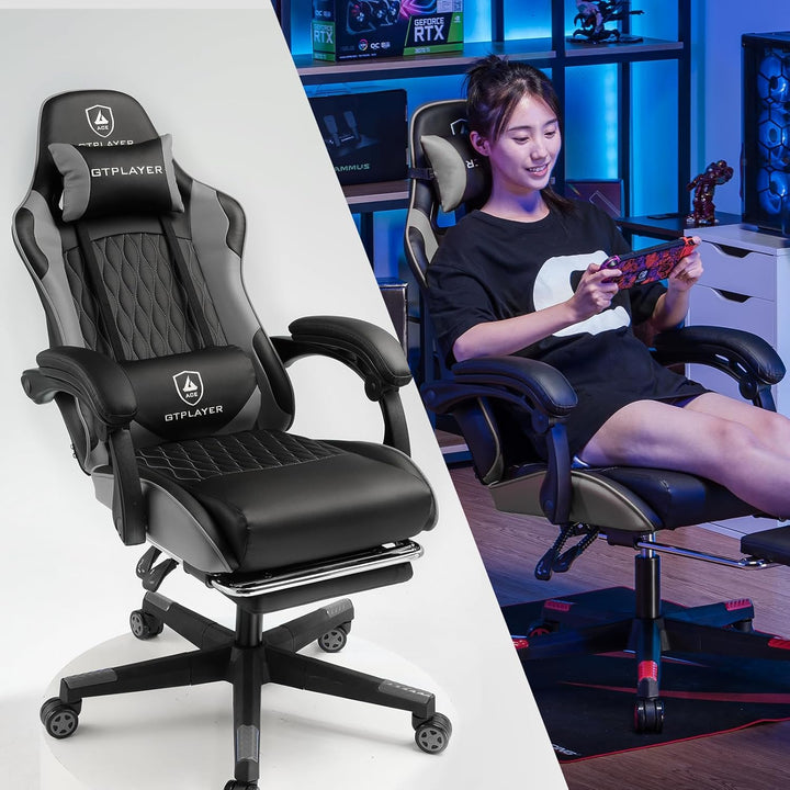 GTPLAYER Gaming Stuhl, Gamer Stuhl, Ergonomischer Bürostuhl mit mit Fussstütze verstellbare Lenden u
