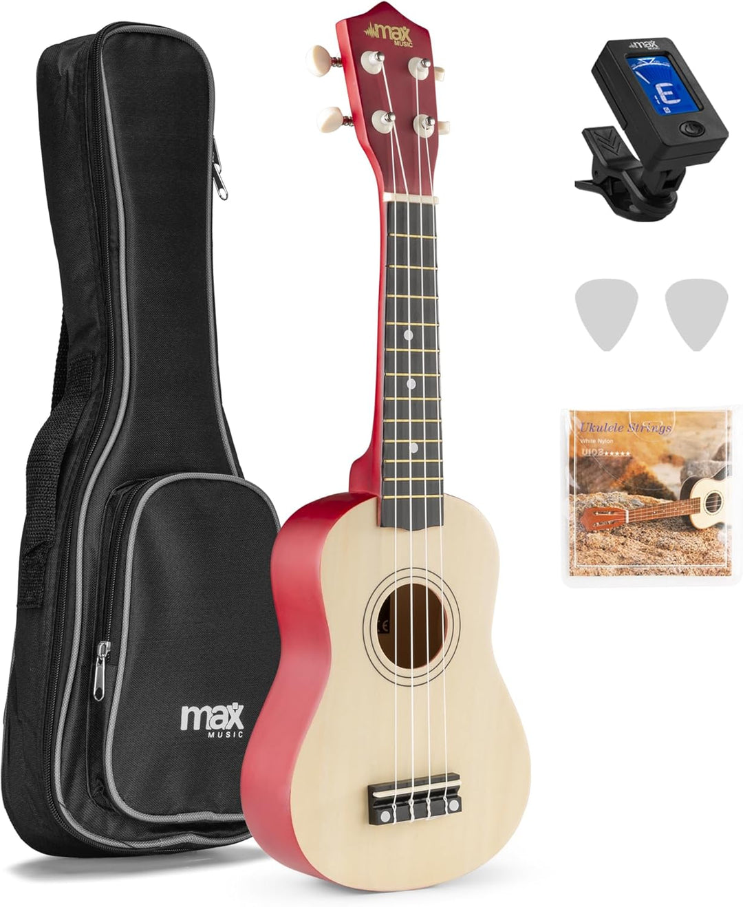 MAX UKEY Ukulele Komplett Set inkl. Plektren, digitalem Stimmgerät und Tasche, 21" mini Gitarre, Uku