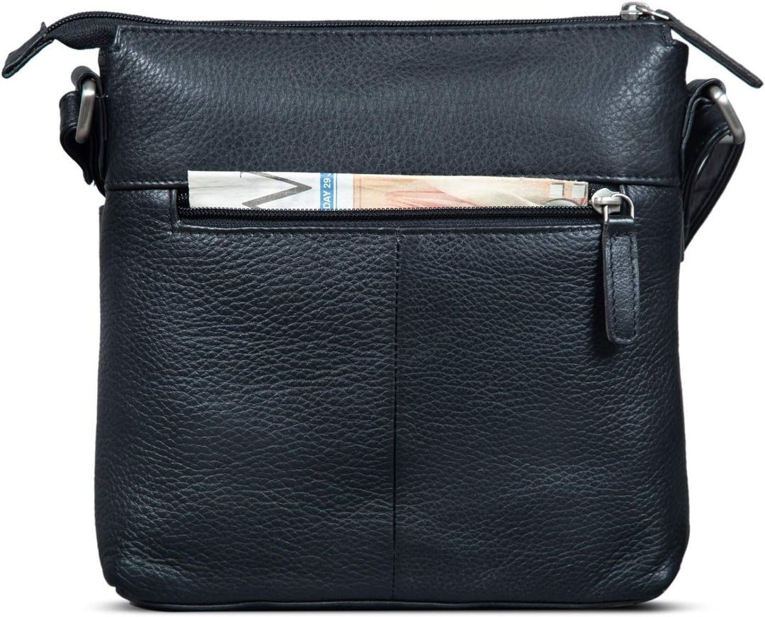 ROYALZ 'Madison' Vintage Handtasche Damen schwarz Umhängetasche klein kompakte Ledertasche, Schwarz