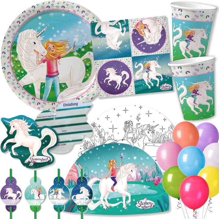 104-tlg Party-Set * STERNENSCHWEIF * für Kindergeburtstag mit Teller + Becher + Servietten + Trinkha