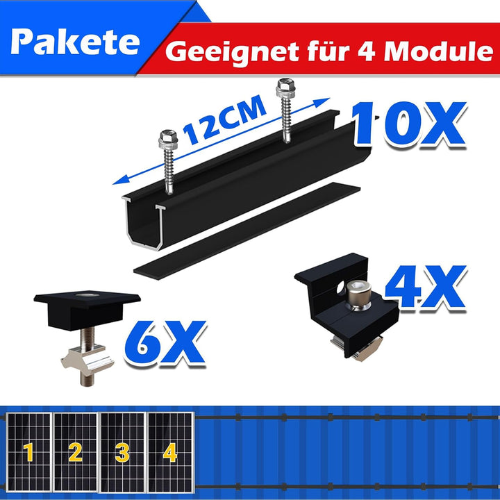 Warmfay Solarmodul Halterung Montageset, Schwarzes 12CM Aluprofil und Verstellbare Klammern Befestig