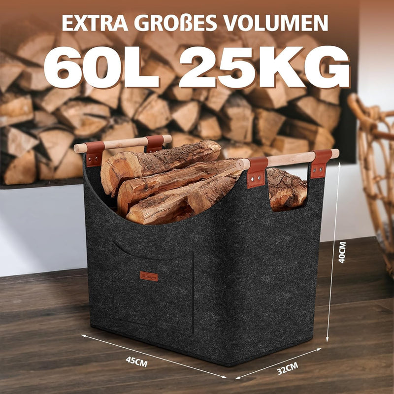 XLL Filz Holzkorb für Kaminholz, Brennholzkorb aus Extradickem Filz,Kaminholzkorb für Feuer Kamin Br