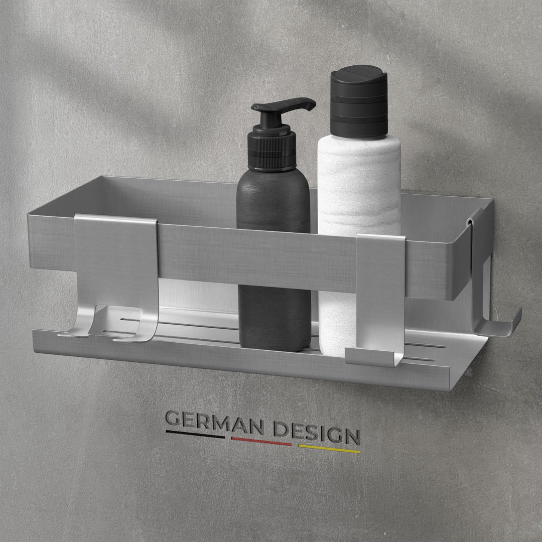 husman® Duschablage ohne Bohren | Edelstahl gebürstet | mit Ablaufrillen & 3 Haken | Kleben statt Bo
