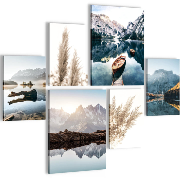 Novart Bilder Set - AUFHÄNGFERTIG - KEIN EXTRA RAHMEN BENÖTIGT - See Berge Modern Natur - Wohnzimmer